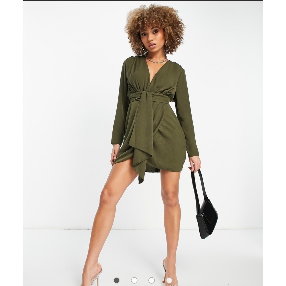 ASOS DESIGN Mini Dress Womens 2 Olive Green New V-Neck Tie Waist Long Sleeve